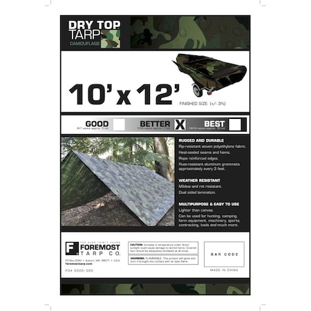 Fgi Tarp, 10 ft x 12 ft, 7 mil, Camouflage, Polyethylene, Weather Resistant 41012